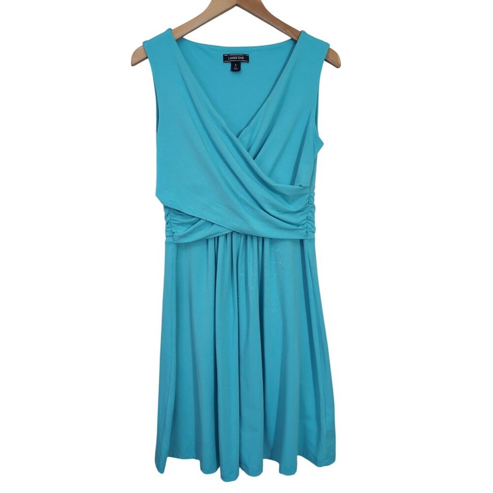 Lands End Wrap Front Dress‎ Womens S Blue Sleeveless Stretch Career Day Out
